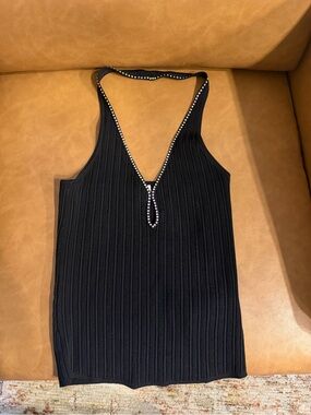 Sleeveless Black Ribbed Knit Tank Top with Crystal Trim